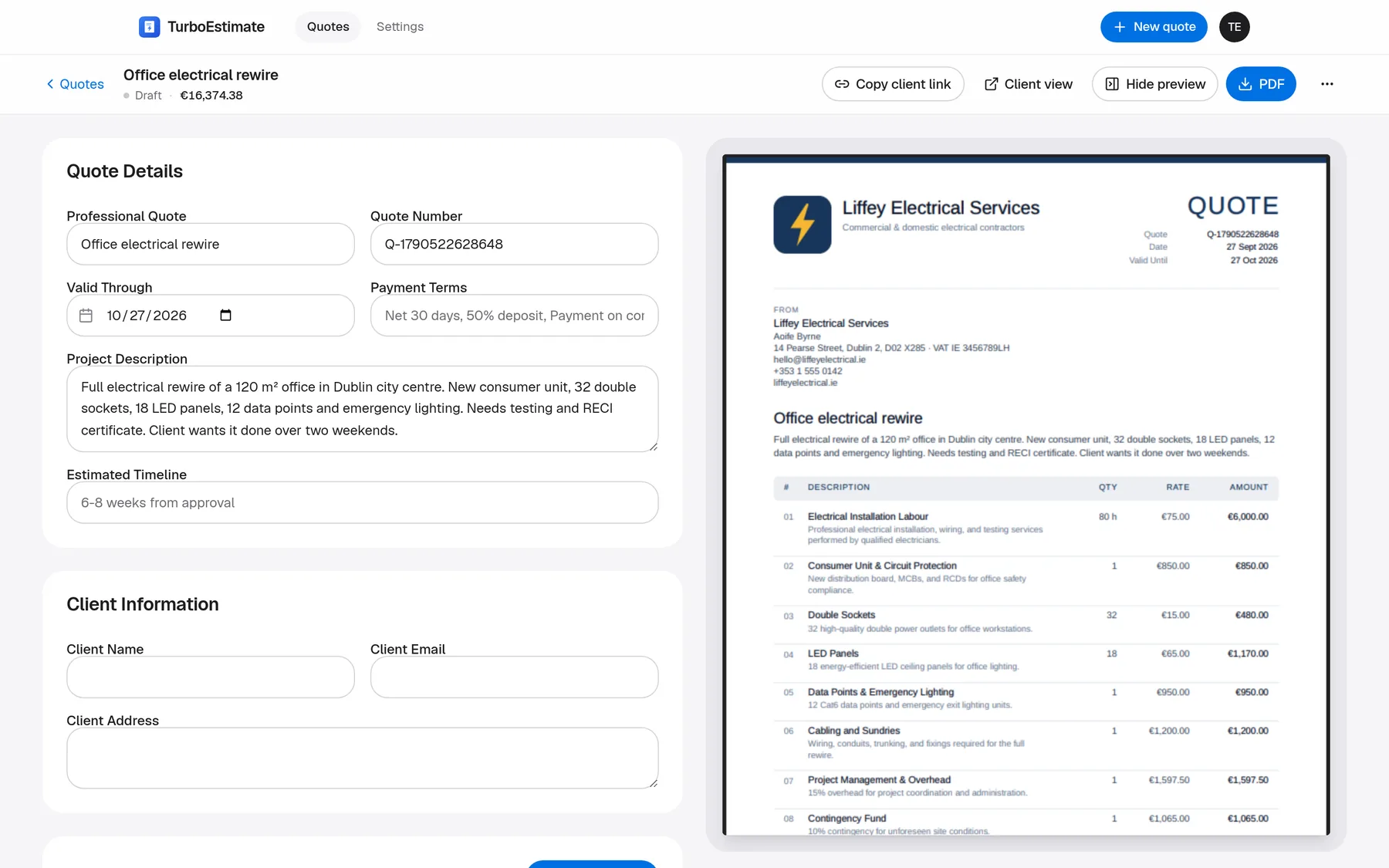 The TurboEstimate quote editor with line items and a live PDF preview