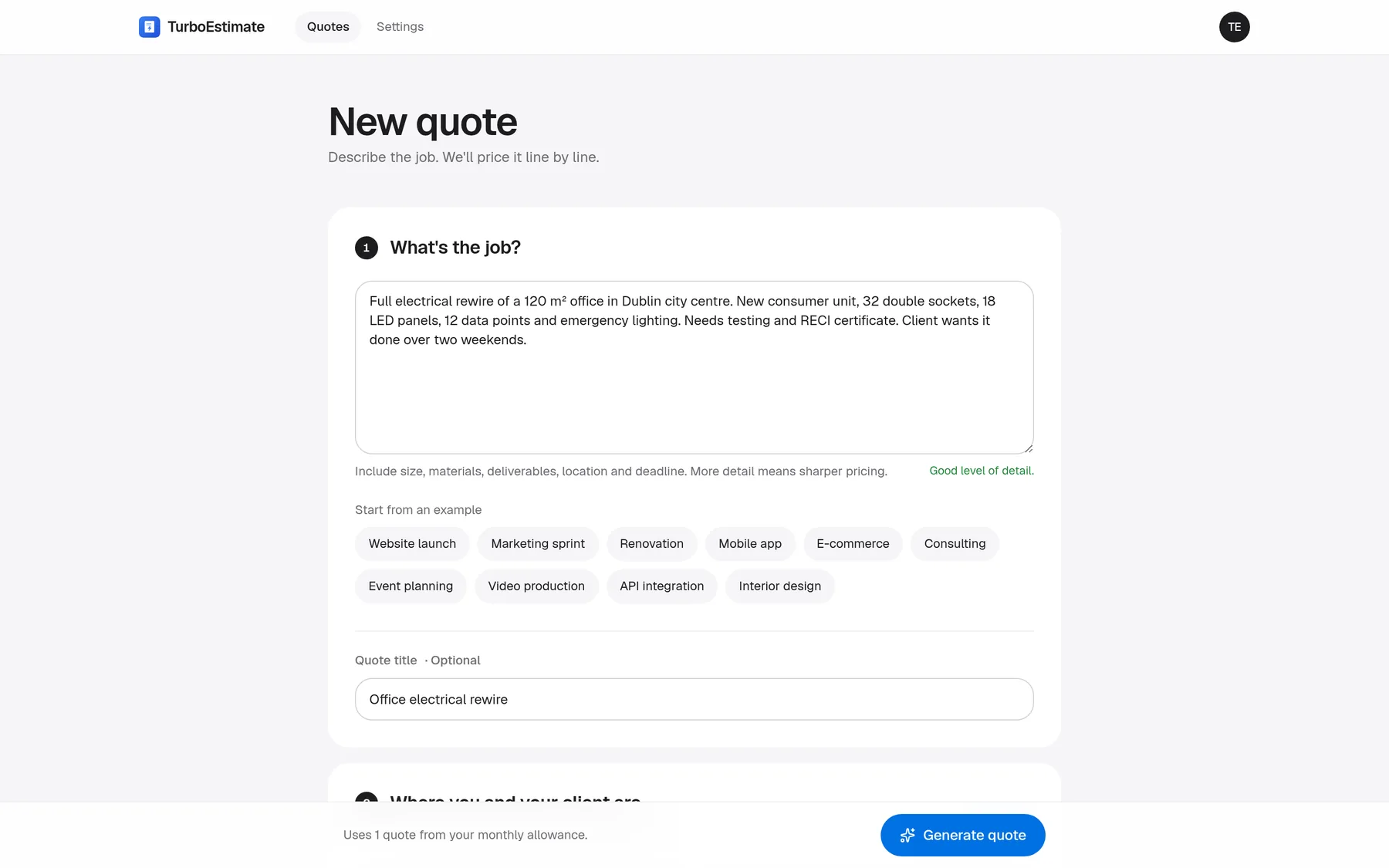 The TurboEstimate new quote screen with a project brief